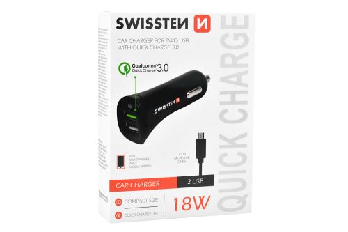 Nabíječka mobilů do auta SWISSTEN 2USB, Micro-USB - 18W - 8595217453562