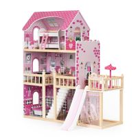 Domeček pro panenky s terasou a skluzavkou, 18 kusů dřevěného nábytku ECOTOYS
