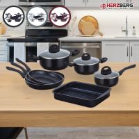 Herzberg HG-9016BLK: 10dílná sada nádobí potaženého mramorem – černá