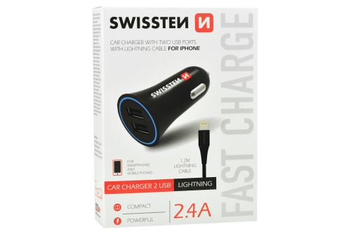 Nabíječka mobilů do auta SWISSTEN 2USB, Lightning - 2.4A - 8595217467514