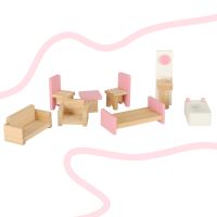 Dřevěný domeček pro panenky bílo-růžový + nábytek 36cm