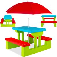 Zahradní piknikový stůl pro děti s deštníkem a zeleno-červenými lavicemi