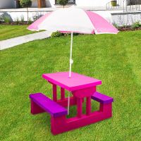 Zahradní piknikový stůl pro děti s růžovým deštníkem a lavicemi