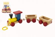 Vlak + 2 vagónky dřevo tahací barevný celková délka 43cm v sáčku