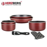 Herzberg HG-8053: 7-dílná sada nádobí s mramorovým povrchem s odnímatelnou rukojetí černá