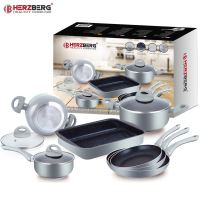 Herzberg HG-9016SL: 10dílná sada nádobí potaženého mramorem – stříbrná
