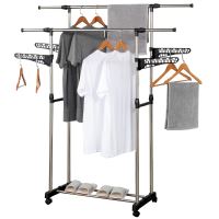 Herzberg HG-03275: Adjustable Double Rod Rolling Clothing Garment Rack with Hanging Wing