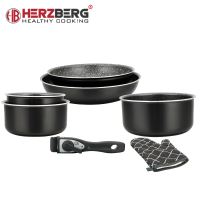 Herzberg HG-8053: 7-dílná sada nádobí s mramorovým povrchem s odnímatelnou rukojetí černá
