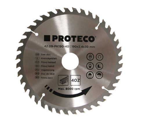 Proteco - 42.09-PK190-40 - kotouč pilový SK 190 x 2.4 x 30 40z + redukce 30/20 mm