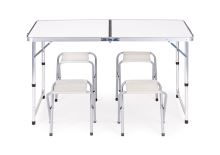 Turistický stůl, skládací stůl, sada 4 židlí Bílá
