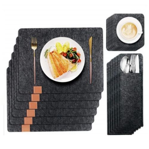 Herzberg HG-04203: 18 Pieces Natural Felt Dining Table Placemat, Cutlery Bag & Coaster Set