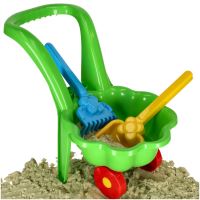 Dětský zahradní set s trakařem, kopretinou, lopatou a hráběmi zelený
