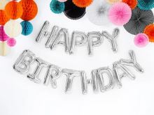 Stříbrný fóliový balónek 340x35cm s nápisem Happy Birthday