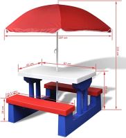 Zahradní piknikový stůl pro děti s deštníkem a modro-červené lavičky