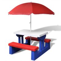 Zahradní piknikový stůl pro děti s deštníkem a modro-červené lavičky