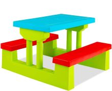 Zahradní piknikový stůl pro děti s deštníkem a zeleno-červenými lavicemi