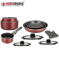 Herzberg HG-8054: 11-dílná sada nádobí s mramorovým povrchem s odnímatelnou rukojetí  Burgundy